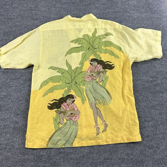 Tommy Bahama Shirt Mens Large Yellow 100% Linen Hawaiian Hula Ukulele Aloha - Picture 6 of 12